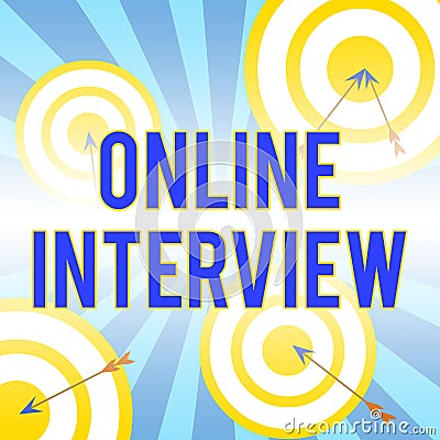 Writing note showing Online Interview. Business photo showcasing method conducted using computermediated communication Arrow and Stock Photo