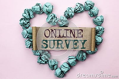 Writing note showing Online Survey. Business photo showcasing Digital Media Poll Customer Feedback Opinions Questionnaire written Stock Photo