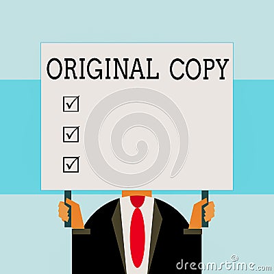 Writing note showing Original Copy. Business photo showcasing Main Script Unprinted Branded Patented Master List Just Stock Photo