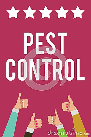 Writing note showing Pest Control. Business photo showcasing Killing destructive insects that attacks crops and livestock Men wome Stock Photo