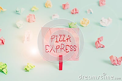 Writing note showing Pizza Express. Business photo showcasing fast delivery of pizza at your doorstep Quick serving Colored Stock Photo