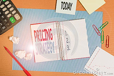 Writing note showing Pricing Strategy. Business photo showcasing method companies use to price their products or services Striped Stock Photo