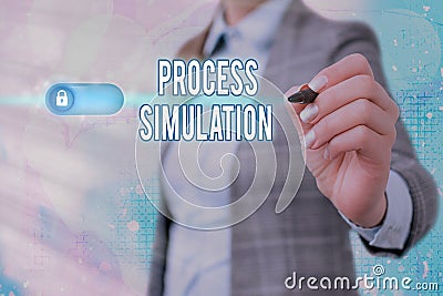 Writing note showing Process Simulation. Business photo showcasing Technical Representation Fabricated Study of a system Stock Photo