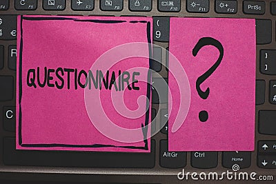 Writing note showing Questionnaire. Business photo showcasing Questions with a choice of answers Survey Statistical study Black la Stock Photo