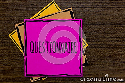 Writing note showing Questionnaire. Business photo showcasing Questions with a choice of answers Survey Statistical study Three ar Stock Photo