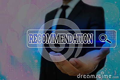 Writing note showing Recommendation. Business photo showcasing something that recommends or expresses commendation Web Stock Photo