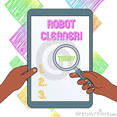 Writing note showing Robot Cleaner. Business photo showcasing Intelligent programming and a limited vacuum cleaning Stock Photo