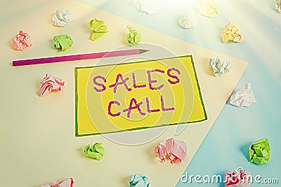 Writing note showing Sales Call. Business photo showcasing a phone call made by a sales representative of a company Stock Photo