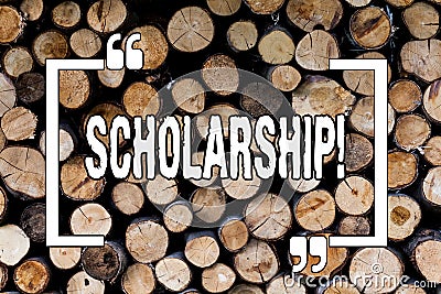 Writing note showing Scholarship. Business photo showcasing Grant or Payment made to support education Academic Study Wooden Stock Photo