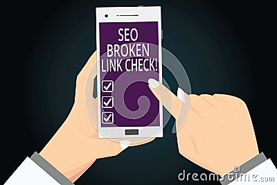 Writing note showing Seo Broken Link Check. Business photo showcasing Search engine optimization error in website links Stock Photo
