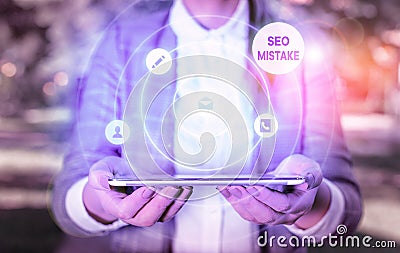 Writing note showing Seo Mistake. Business photo showcasing action or judgment that is misguided or wrong in search engine Stock Photo