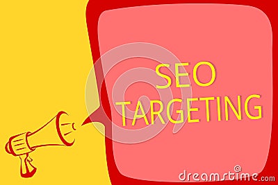 Writing note showing Seo Targeting. Business photo showcasing Specific Keywords for Location Landing Page Top Domain Megaphone lou Stock Photo