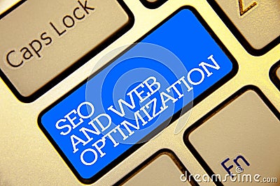 Writing note showing Seo And Web Optimization. Business photo showcasing Search Engine Keywording Marketing Strategies Golden colo Stock Photo
