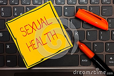 Writing note showing Sexual Health. Business photo showcasing Healthier body Satisfying Sexual life Positive relationships Yellow Stock Photo