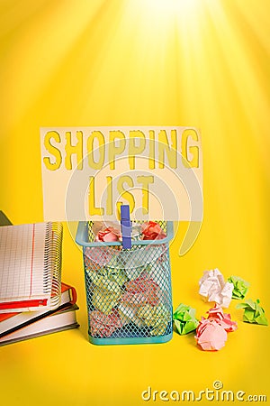 Writing note showing Shopping List. Business photo showcasing Discipline approach to shopping Basic Items to Buy Trash bin Stock Photo