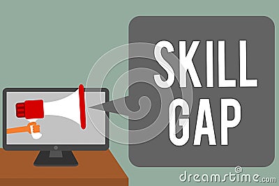 Writing note showing Skill Gap. Business photo showcasing Refering to a person's weakness or limitation of knowlege Man hold Mega Stock Photo