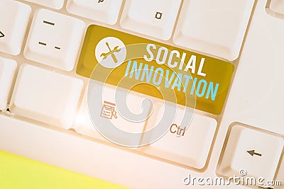 Writing note showing Social Innovation. Business photo showcasing practices that aim to meet social needs in a better Stock Photo