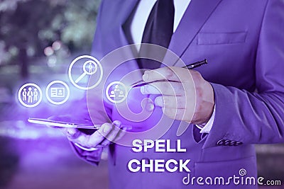 Writing note showing Spell Check. Business photo showcasing to use a computer program to find and correct spelling errors Stock Photo