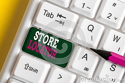 Writing note showing Store Locator. Business photo showcasing to know the address contact number and operating hours Stock Photo
