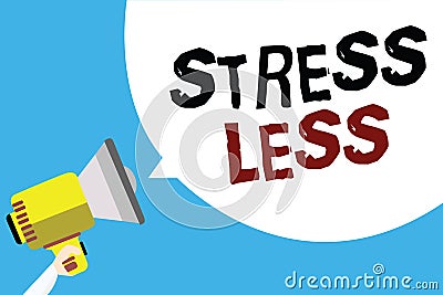 Writing note showing Stress Less. Business photo showcasing Stay away from problems Go out Unwind Meditate Indulge Oneself Man hol Stock Photo