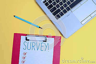 Writing note showing Survey. Business photo showcasing research method used for collecting data from a predefined group Stock Photo