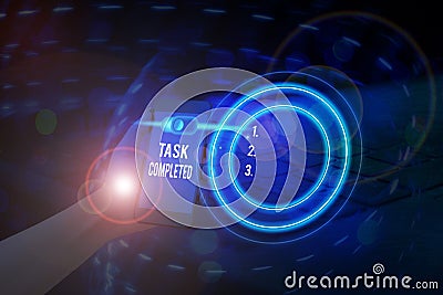 Writing note showing Task Completed. Business photo showcasing Finished action or assignments that has no remaining Stock Photo