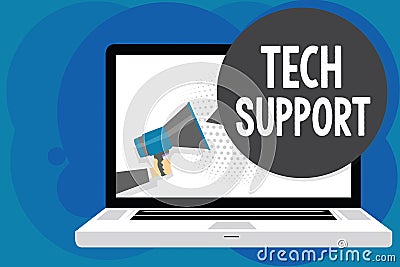 Writing note showing Tech Support. Business photo showcasing Assisting individuals who are having technical problems Man hold Mega Stock Photo