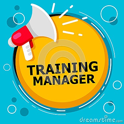 Writing note showing Training Manager. Business photo showcasing giving needed skills for high positions improvement Three lines. Stock Photo