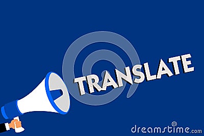 Writing note showing Translate. Business photo showcasing Another word with same equivalent meaning of a target language Man holdi Stock Photo