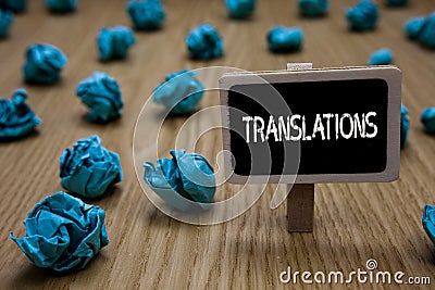 Writing note showing Translations. Business photo showcasing Written or printed process of translating words text voice Cyan paper Stock Photo