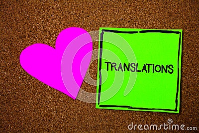 Writing note showing Translations. Business photo showcasing Written or printed process of translating words text voice Love brown Stock Photo