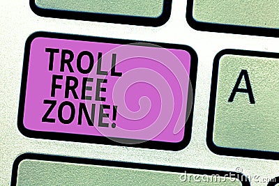 Writing note showing Troll Free Zone. Business photo showcasing Social network where tolerance and good behavior is a Stock Photo