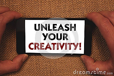 Writing note showing Unleash Your Creativity Call. Business photo showcasing Develop Personal Intelligence Wittiness Wisdom Man h Stock Photo