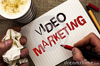 Writing note showing Video Marketing. Business photo showcasing Media Advertising Multimedia Promotion Digital Strategy written b Stock Photo