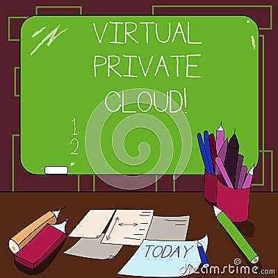 Writing note showing Virtual Private Cloud. Business photo showcasing configurable pool of shared computing resources Stock Photo