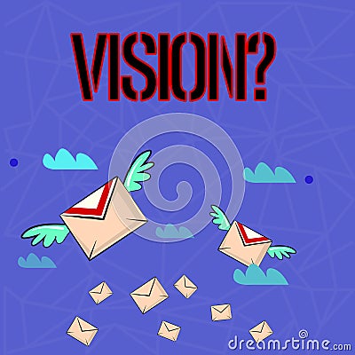 Writing note showing Visionquestion. Business photo showcasing Company commitment describing future realistic state Stock Photo