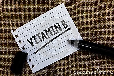 Writing note showing Vitamin B. Business photo showcasing Highly important sources and benefits of nutriments folate Ideas paper m Stock Photo