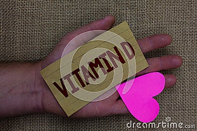 Writing note showing Vitamin D. Business photo showcasing Benefits of sunbeam exposure and certain fat soluble nutriments Wood art Stock Photo