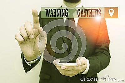 Writing note showing Warning Gastritis. Business photo showcasing early advice on inflammation of the lining of the Stock Photo