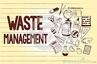 Writing note showing Waste Management. Business photo showcasing actions required manage rubbish inception to final disposal Stock Photo