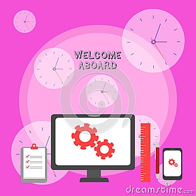 Writing note showing Welcome Aboard. Business photo showcasing Expression of greetings to a demonstrating whose arrived Stock Photo