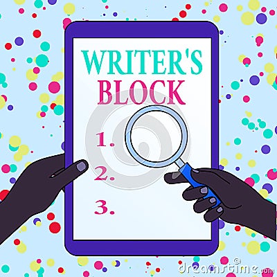 Writing note showing Writer S Block. Business photo showcasing Condition of being unable to think of what to write Hands Stock Photo