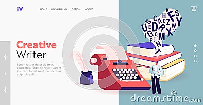 Writing Poetry, Novel Landing Page Template. Tiny Male Character Writer or Professional Author Stand at Huge Typewriter Vector Illustration
