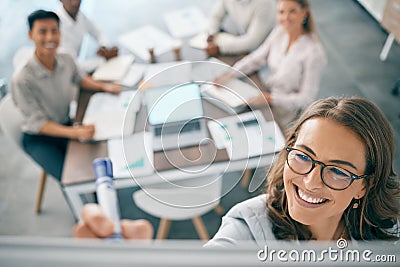 Writing, presentation and business woman in meeting for planning, idea and marketing strategy. Training, leadership and Stock Photo