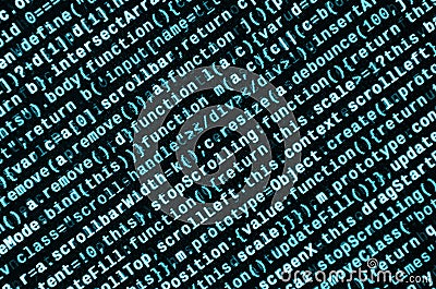 Writing programming code on laptop. Digital binary data on computer screen Stock Photo
