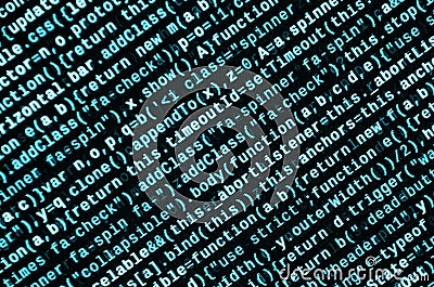Writing programming code on laptop. Digital binary data on computer screen Stock Photo