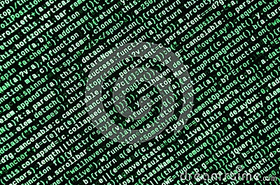 Writing programming code on laptop. Digital binary data on computer screen Stock Photo