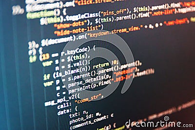 Writing programming code on laptop. Software abstract background. Big data database app. PHP syntax highlighted Stock Photo