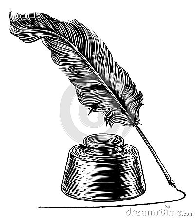 Writing Quill Feather Pen and Ink Well Vector Illustration