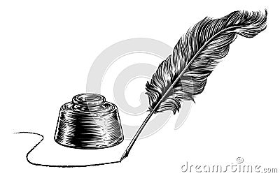 Writing Quill Feather Pen and Inkwell Vector Illustration